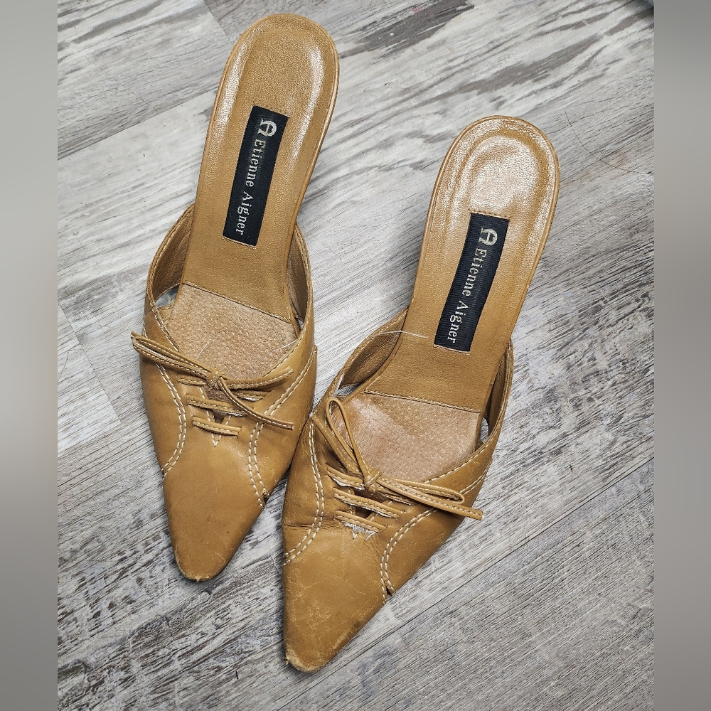 Etienne Aigner Y2K Tan Leather Lace-Up Pointed Toe Mules Vodka Heels